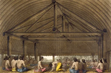 Pulaho, Ystävällisen saaren kuningas juomassa kavaa, kuvitus 1800-luvun matkakirjojen kokoelmasta.